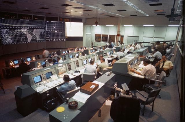 NASA image: Overall view of Mission Control on first day of Apollo 7 space mission