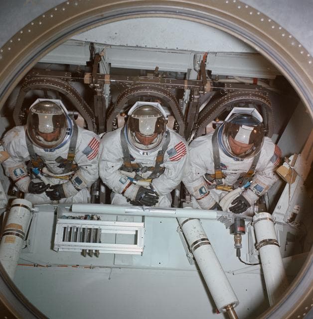 NASA image: Apollo 8 prime crew inside centrifuge gondola in bldg 29 during training