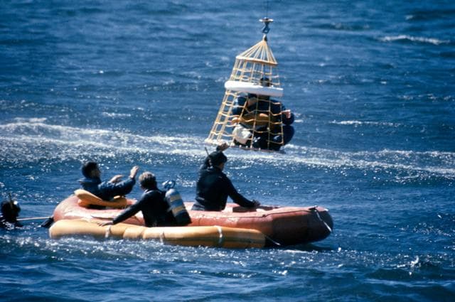 Apollo 8 prime crew seen during water egress training in Gulf of Mexico