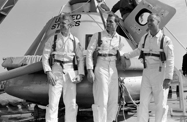 Apollo 9 prime crew on deck of ship prior to water egress training