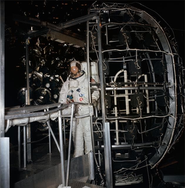 NASA image: Astronaut Russell Schweickart inside simulator for EVA training