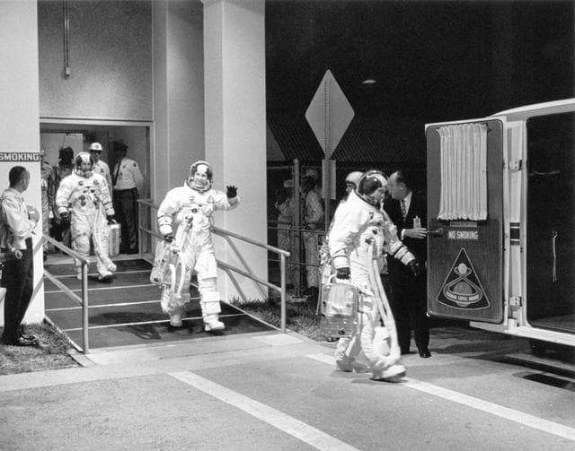 NASA image: Apollo 8 crew leaves Manned Spacecraft Operations Bldg during countdown