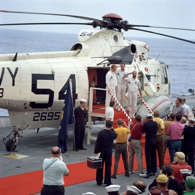 NASA image: Apollo 9 Crewmen - Arrival - USS Guadalcanal