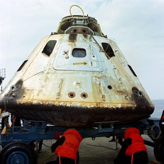 NASA image: Apollo 9 Command Module aboard the U.S.S. Guadalcanal