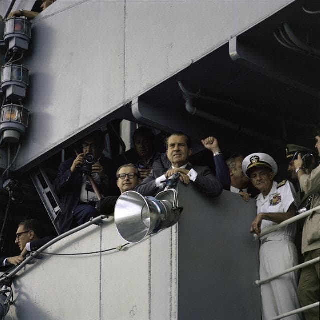 NASA image: President Nixon on deck of U.S.S. Hornet awaiting Apollo 11 crew arrival