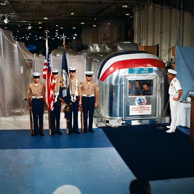 NASA image: APOLLO XII CREW  - WELCOME - USS HORNET - REAR ADMIRAL DONALD DAVID