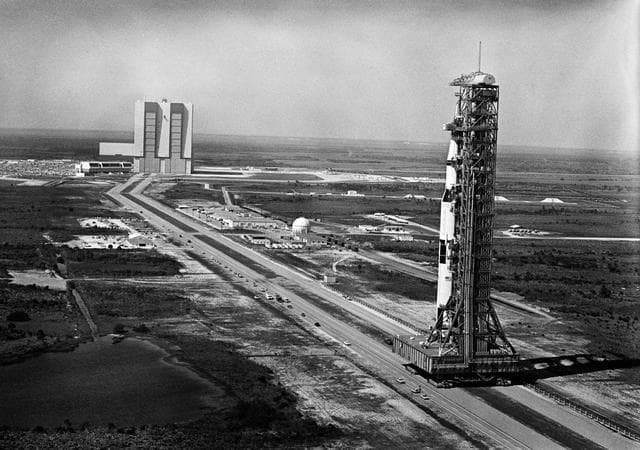 NASA image: Aerial view of Launch Complex 39, KSC showing Apollo 10 on way to Pad B