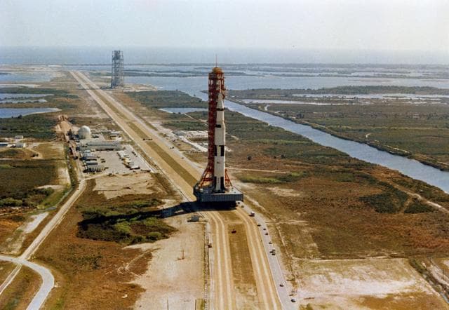 NASA image: Aerial view of Launch Complex 39 showing Apollo 10 on way to Pad B