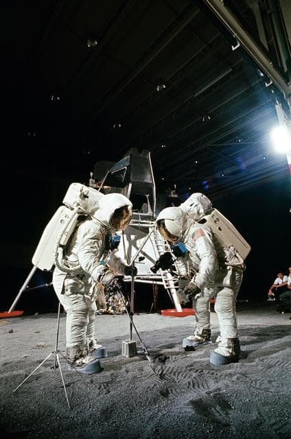 NASA image: Apollo 11 crewmembers participates in simulation of moon's surface