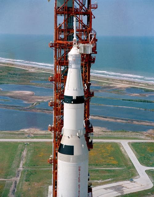 NASA image: Aerial, high-angle view of Apollo 10 on Pad B, Launch Complex 39, KSC