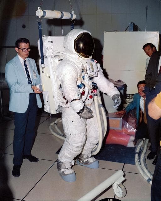 NASA image: Astronaut Edwin Aldrin in EMU verifies fit of Portable Life Support System