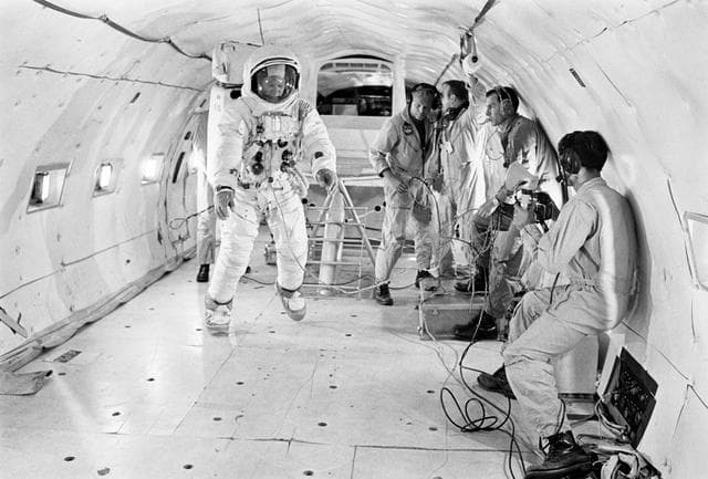 NASA image: Astronaut Edwin Aldrin undergoes zero-gravity training aboard KC-135