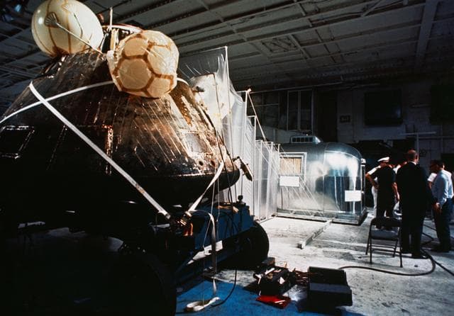 NASA image: Apollo XI Command Module (CM) - Mobile Quarantine Facility (MQF) - U.S.S. Hornet