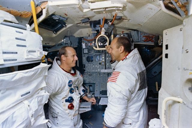NASA image: Apollo 12 crewmembers shown in Apollo Lunar Module Mission Simulator