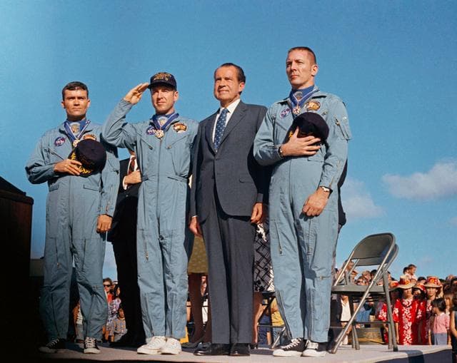 NASA image: President Nixon and Apollo 13 crewmen at Hickam AFB