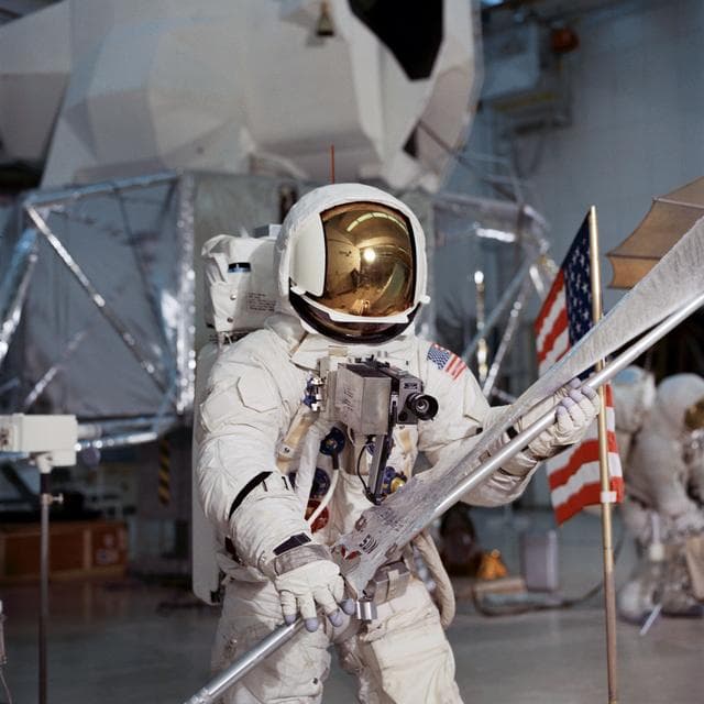 NASA image: Astronaut Fred Haise simulates lunar surface EVA during training exercise