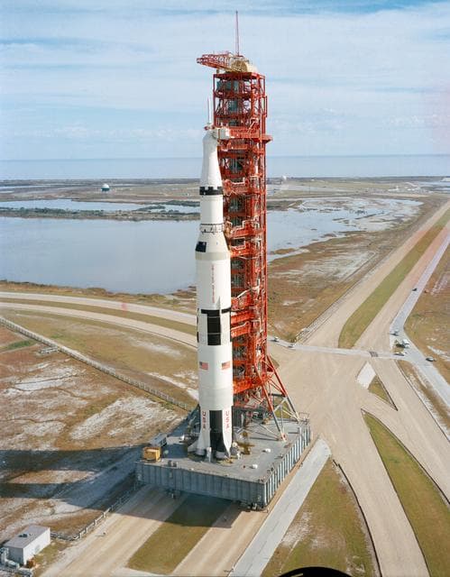 NASA image: High angle view of Apollo 14 space vehicle on way to Pad A