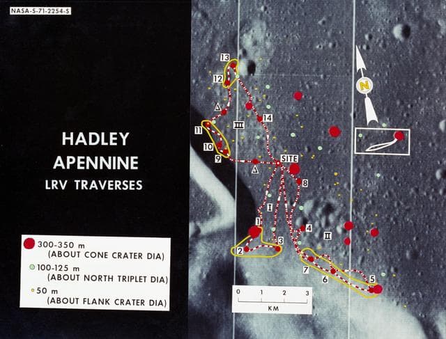 Lunar Orbiter  - Lunar Roving Vehicle (LRV) Traverse Routes - Overlaid on Landing Site