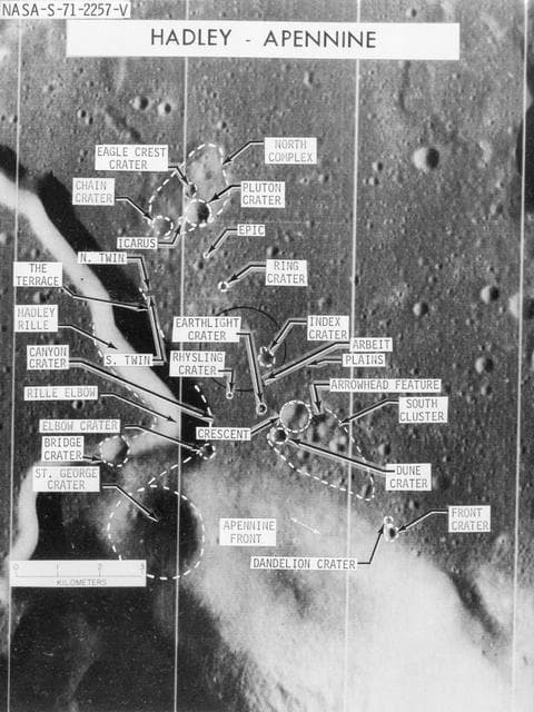 NASA image: Enlarged photograph of Apollo 15 landing area in Hadley-Apennine region