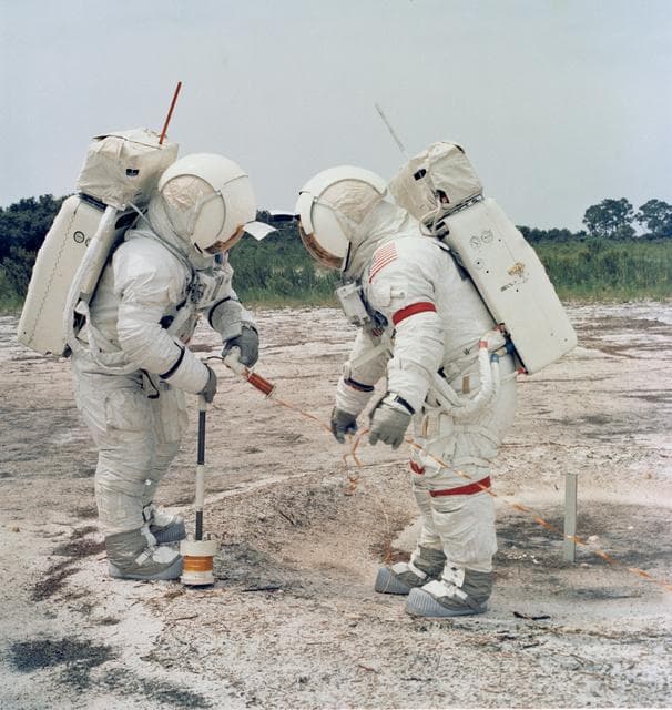 NASA image: Astronauts Shepard and Mitchell practice using Active Seismic Experiment