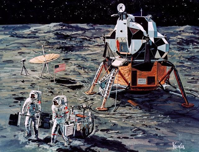 NASA image: Artist's concept of Apollo 14 crewmen on their firs traverse of lunar surface