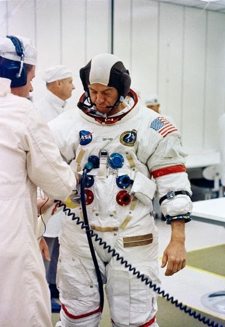 NASA image: Astronaut Alan Shepard undergoes suiting up operations during Apollo 14