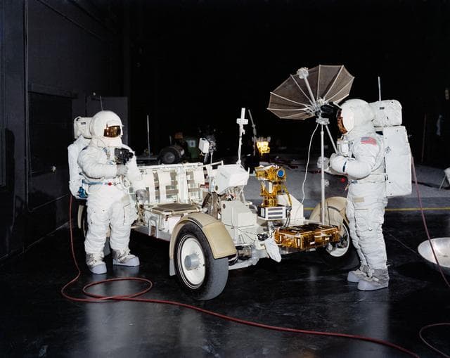 NASA image: Members of Apollo 15 crew shown with Lunar Roving Vehicle One-G trainer