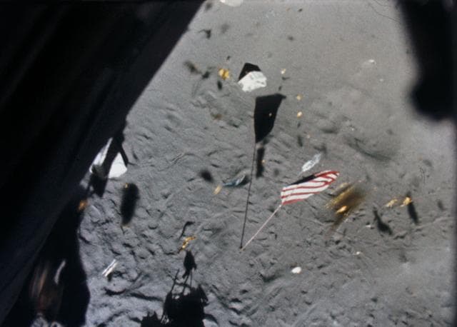NASA image: View of the U.S. flag near the Apollo 14 landing site during liftoff