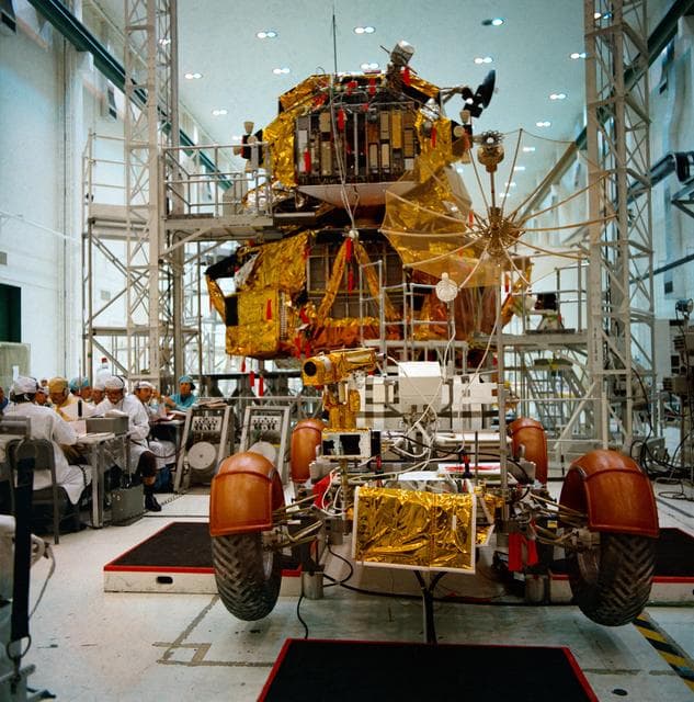 NASA image: View of Apollo 15 Lunar Roving Vehicle and Lunar Module during simulations