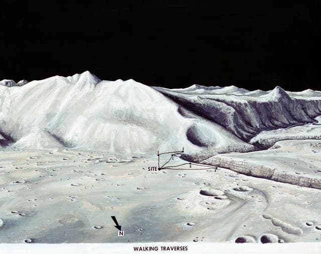 NASA image: Artist's concept of Hadley-Apennine landing site with alternate traverses