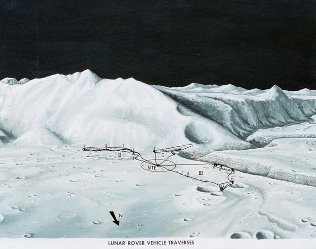 NASA image: Artist's concept of Hadley-Apennine landing site with LRV traverses outlined