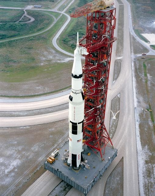 NASA image: View of Apollo 15 space vehicle on way from VAB to Pad A, Launch Complex 39