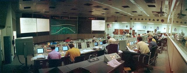 Mission Operations Control Room (MOCR) Views - Touchdown - Apollo XV Lunar Module (LM) - Moon