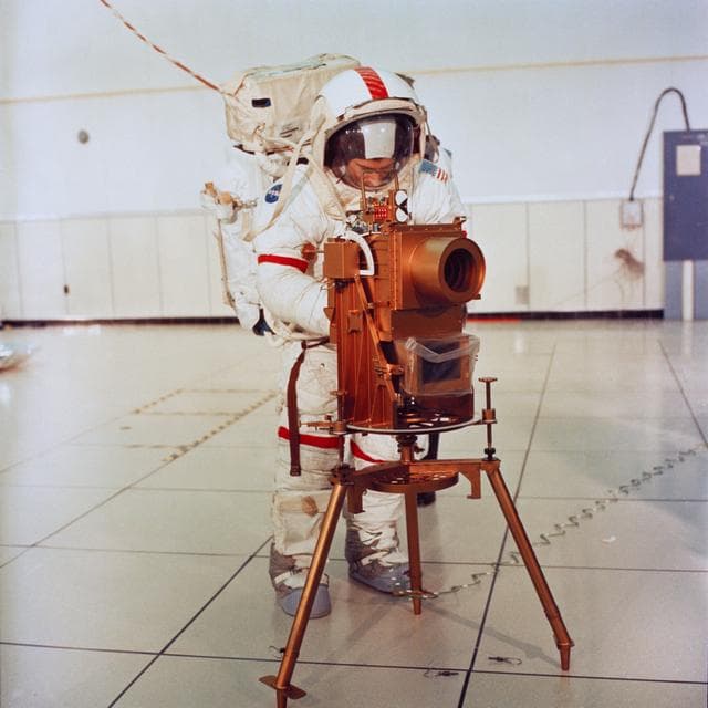 NASA image: Astronaut John Young participates in lunar surface EVA training at KSC
