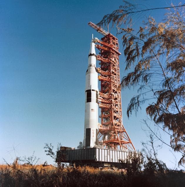 NASA image: View of Apollo 16 space vehicle on way from VAB to Pad A, Launch Complex 39