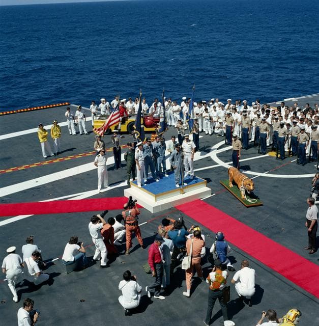 NASA image: View of ceremonies welcoming Apollo 16 crew aboard U.S.S. Ticonderoga