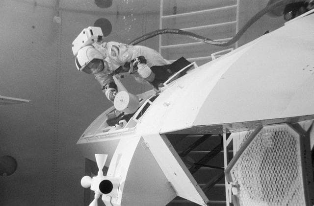 NASA image: Astronaut Ronald Evans is suited up for EVA training