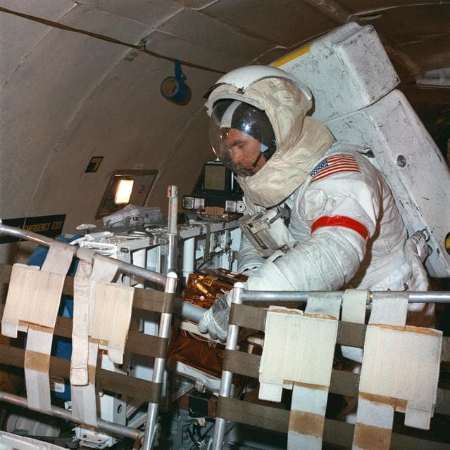 NASA image: Astronauts Cernan and Rossa participate in simulation aboard KC-135