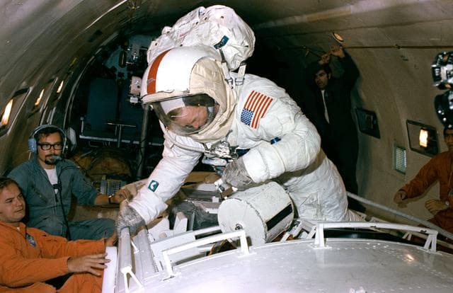 NASA image: Astronauts Cernan and Rossa participate in simulation aboard KC-135