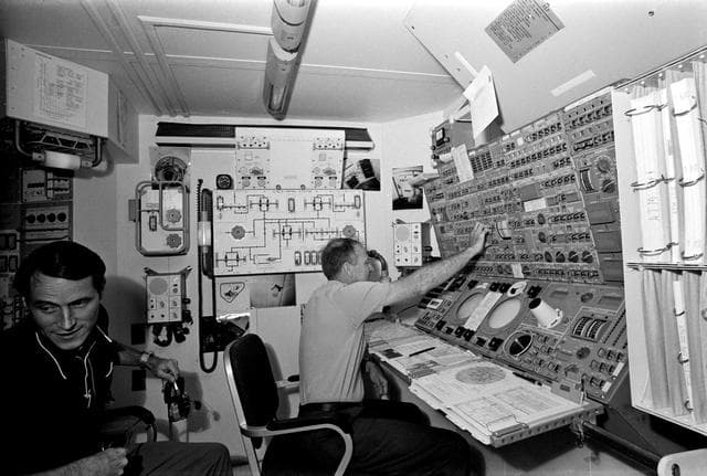 NASA image: Skylab 3 crew during training in Orbital Workshop trainer