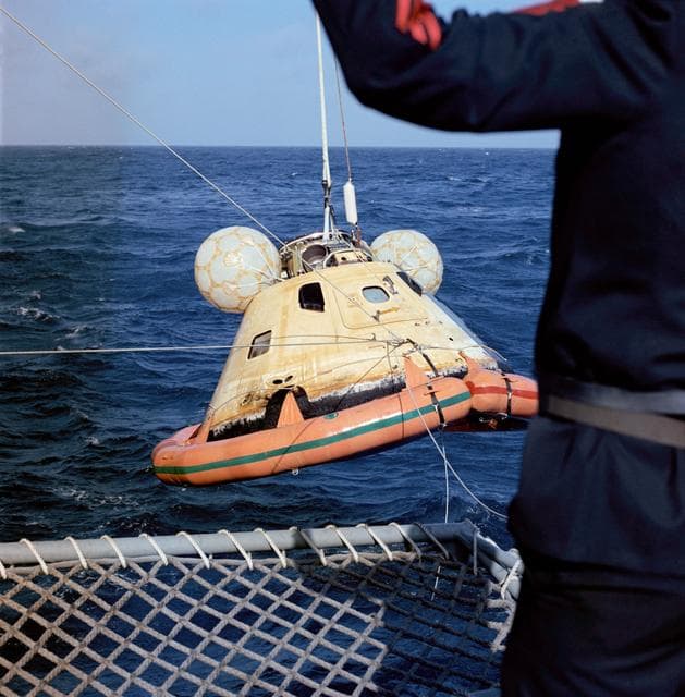 NASA image: Skylab 3 Command Module is hoisted aboard prime recovery ship