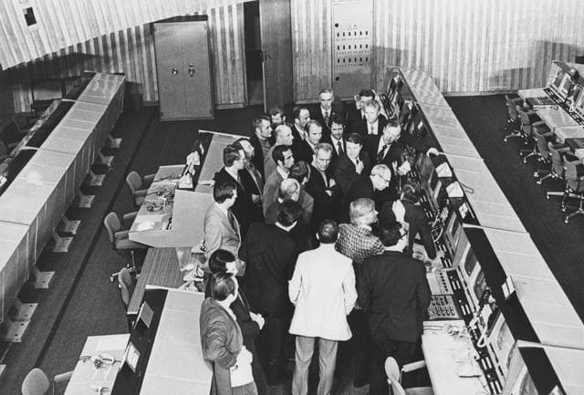 American ASTP crewmen briefed on operation of consoles in main control room