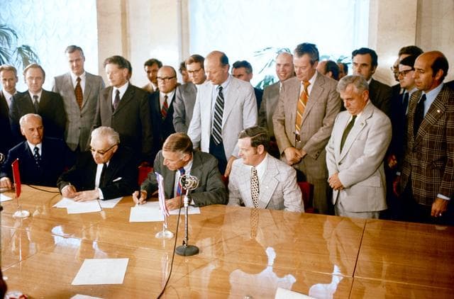 View of signing of ASTP joint flight readiness review