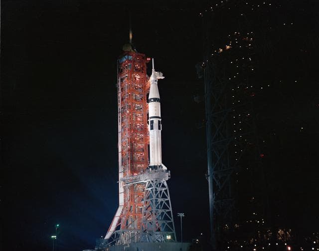 NASA image: Early morning view of Pad B, KSC with ASTP Apollo/Saturn space vehicle on pad