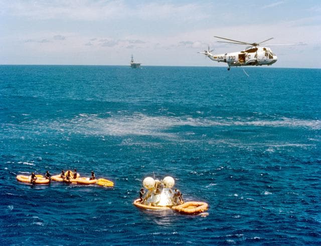 NASA image: ASTP Apollo Command Module awaits pickup by prime recovery ship