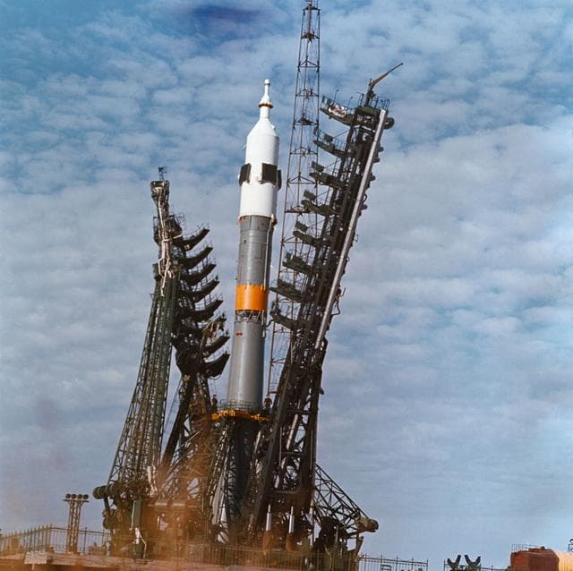 NASA image: View of launch pad at the Baykonur Cosmodrome showing Soyuz spacecraft