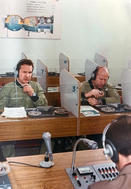NASA image: Cosmonauts Kubasov and Leonov participate in English language training