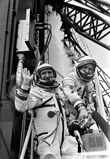 NASA image: Two Soviet crewmen for ASTP mission photographed at launch pad
