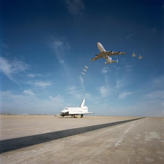 NASA image: NASA 747 Carrier Aircraft - Five (5) T-38 Aircraft - Shuttle Orbiter 101 "Enterprise" - Edwards AFB (EAFB), CA