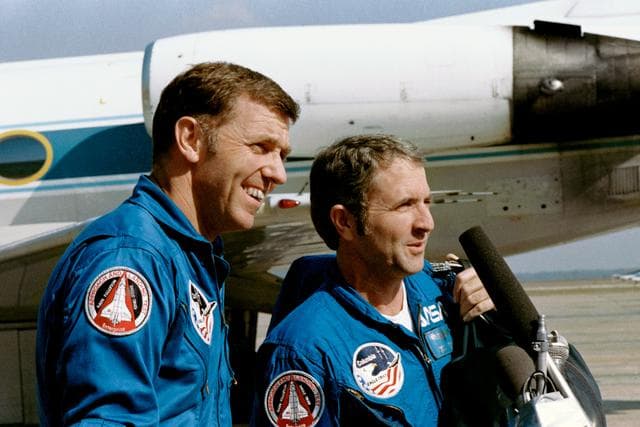 NASA image: STS-2 crewmen Engle and Truly at Ellington upon arrival from KSC after scrub
